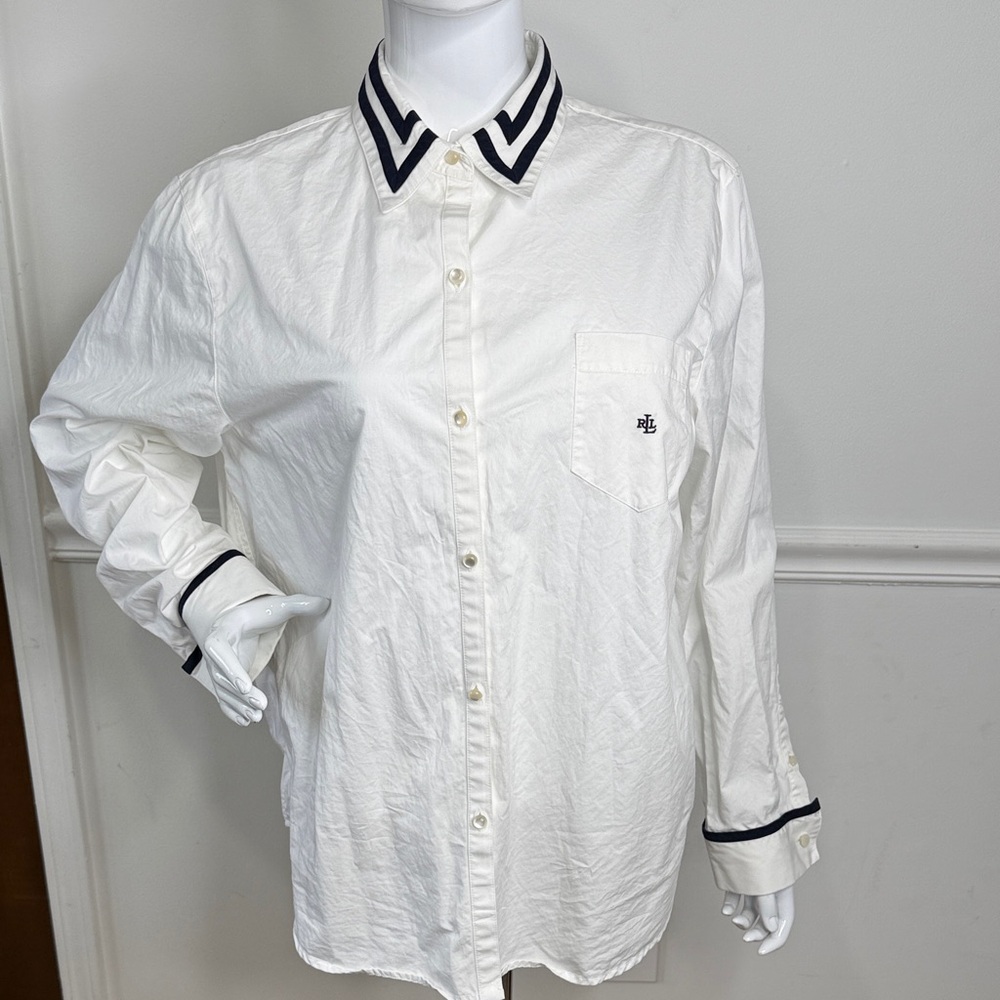 Ralph Lauren 100% Cotton White Button-Up with Navy collar and cuff trim accents